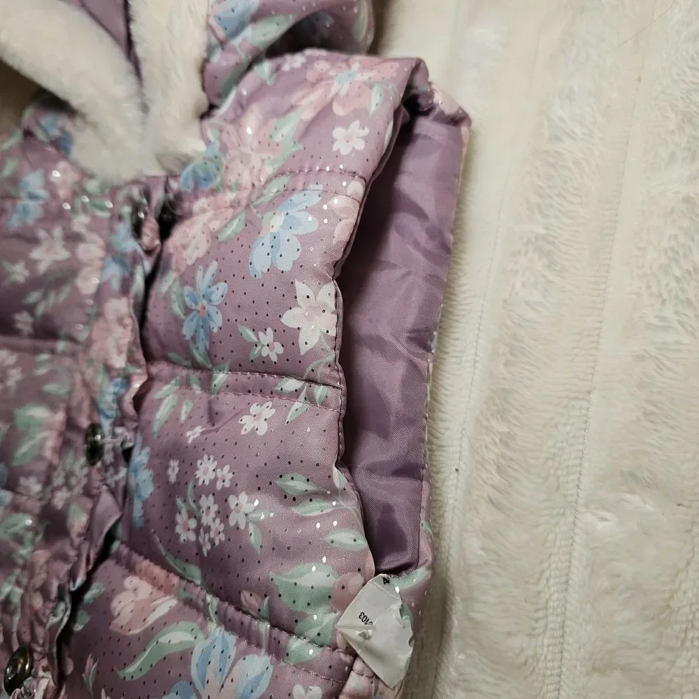 Little Lass Purple Pink Sparkle Hooded Puffer Vest Girls Fur Trim Zip Size 4